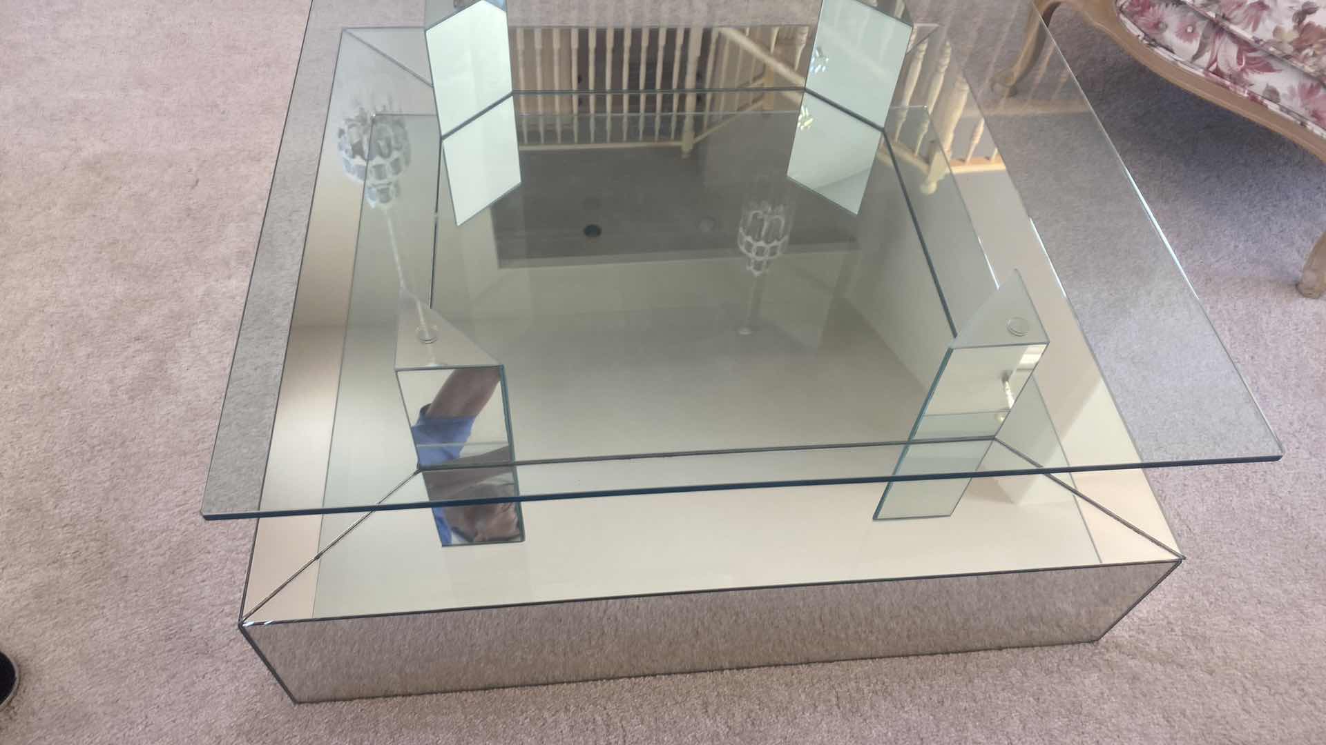 Photo 2 of MIRRORED WITH GLASS TOP COCKTAIL TABLE 36“ x 36“ H 15”