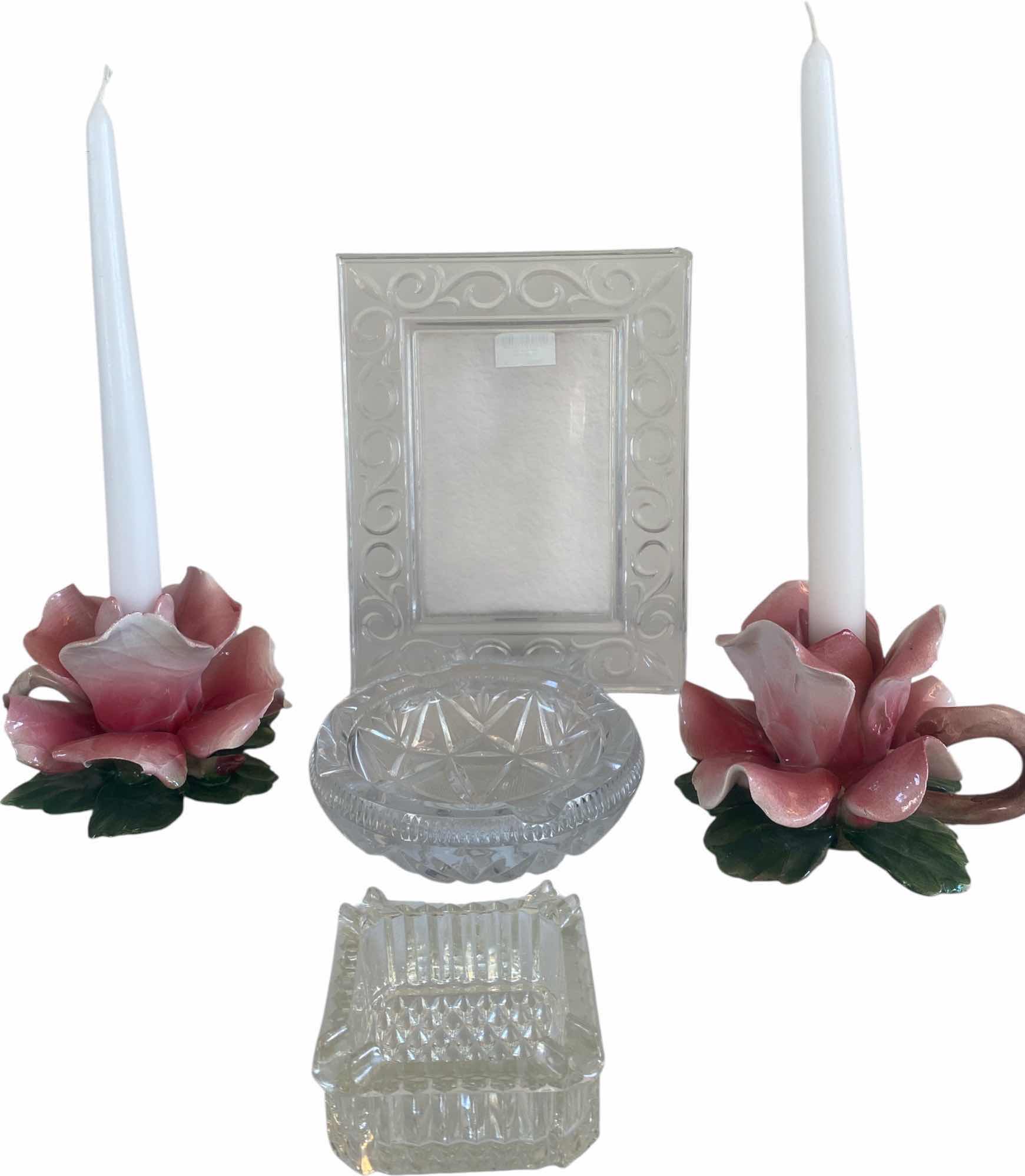 Photo 1 of 2 CAPODIMONTE CANDLE HOLDERS, 1 FRAME & 2 ASH TRAYS