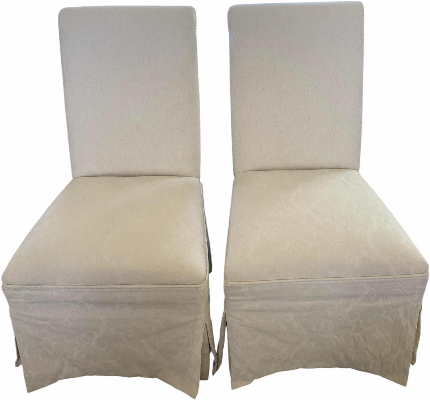 Photo 1 of PAIR OF WHITE FABRIC PARSONS DINING CHAIRS (2 SETS OF 2 AVAILABLE, 1 SET OF 2 ARM CHAIRS SOLD SEPARATELY)