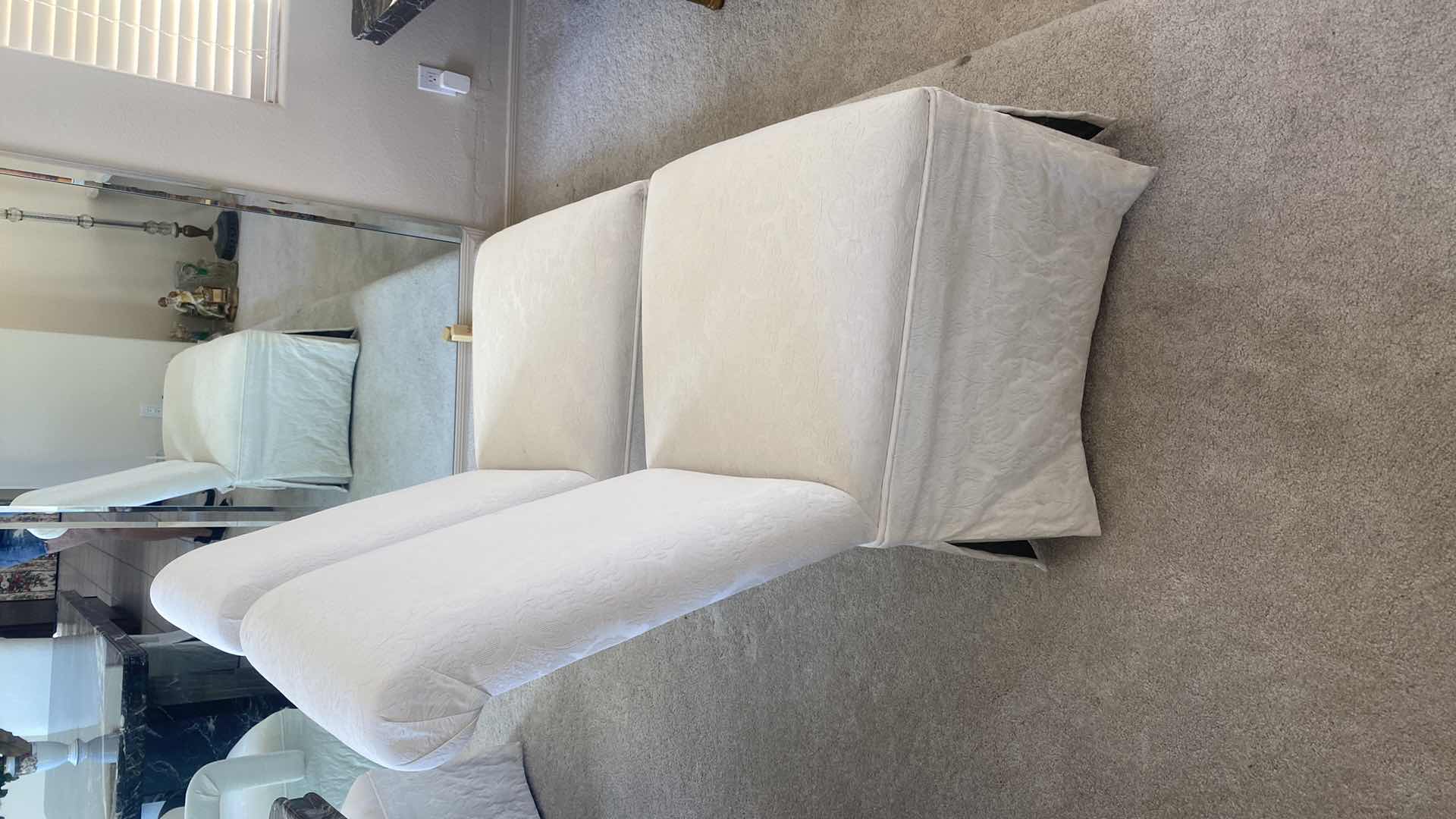 Photo 1 of PAIR OF WHITE FABRIC PARSONS DINING CHAIRS (2 SETS OF 2 AVAILABLE, 1 SET OF 2 ARM CHAIRS SOLD SEPARATELY)