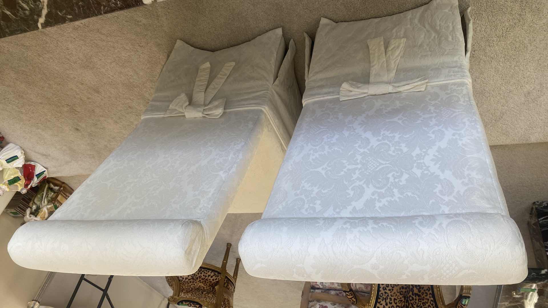 Photo 3 of PAIR OF WHITE FABRIC PARSONS DINING CHAIRS (2 SETS OF 2 AVAILABLE, 1 SET OF 2 ARM CHAIRS SOLD SEPARATELY)