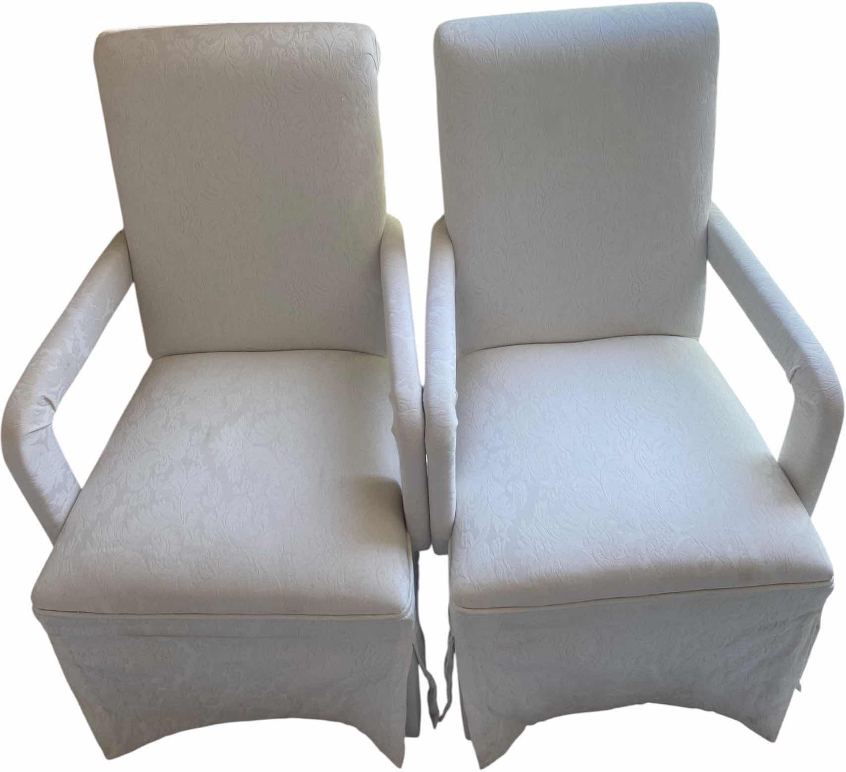 Photo 1 of PAIR OF WHITE FABRIC PARSONS DINING ARM CHAIRS (2 SETS OF 2 ARMLESS CHAIRS AVAILABLE, SOLD SEPARATELY)