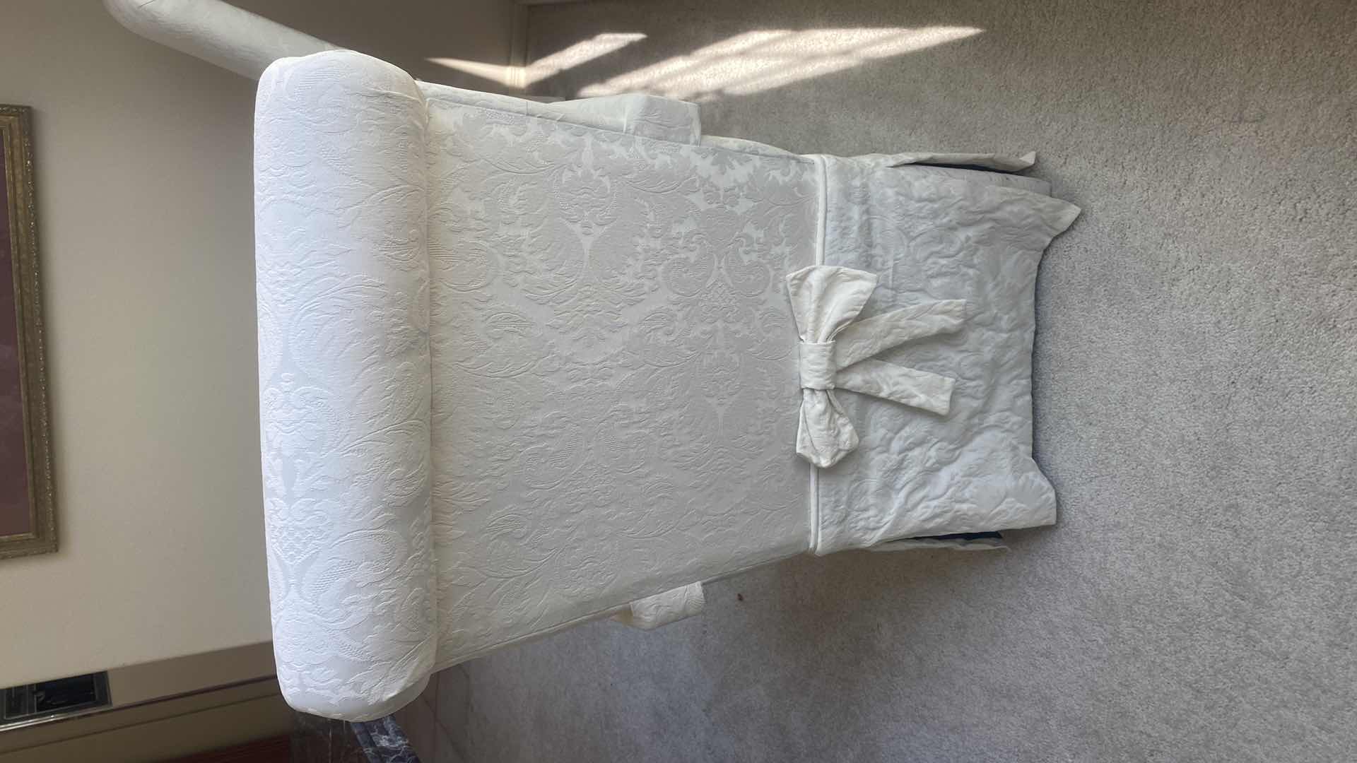 Photo 3 of PAIR OF WHITE FABRIC PARSONS DINING ARM CHAIRS (2 SETS OF 2 ARMLESS CHAIRS AVAILABLE, SOLD SEPARATELY)