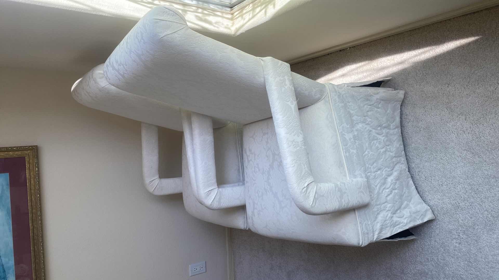 Photo 2 of PAIR OF WHITE FABRIC PARSONS DINING ARM CHAIRS (2 SETS OF 2 ARMLESS CHAIRS AVAILABLE, SOLD SEPARATELY)