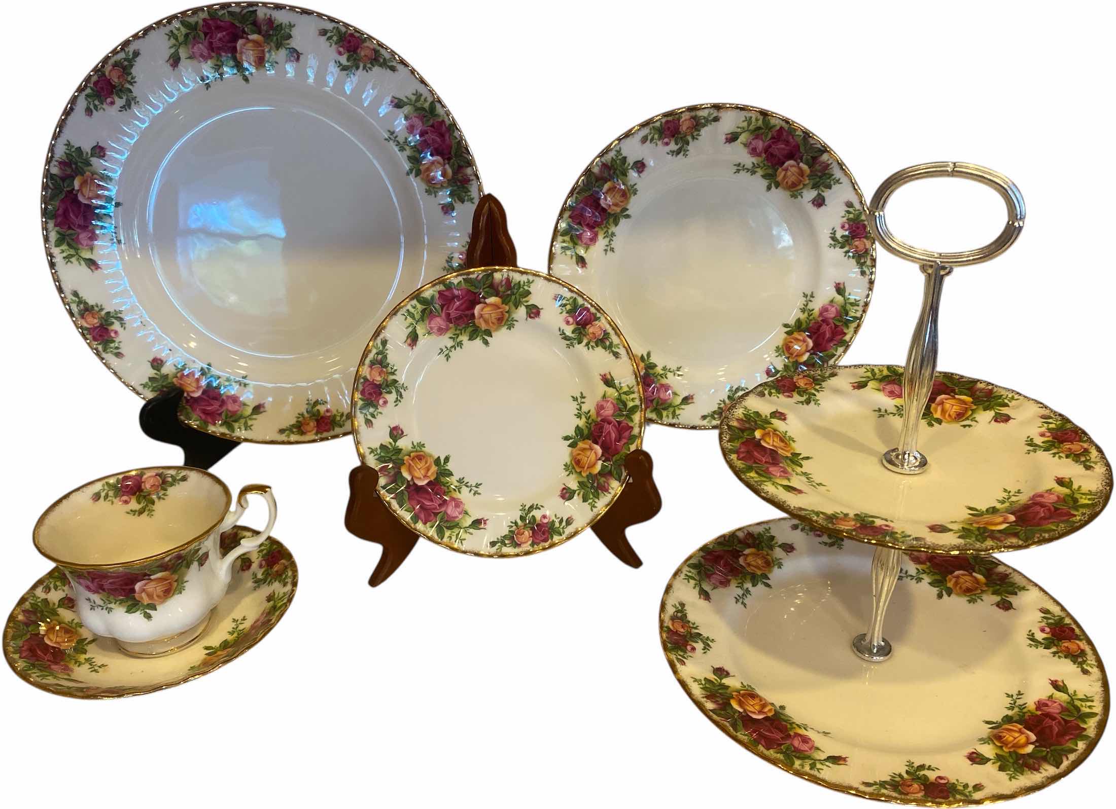 Photo 1 of  41 PIECES ROYAL DOULTON “ROYAL ALBERT BONE CHINA (8 - 5 PIECE PLACE SETTINGS & TWO TIER DESERT SERVER