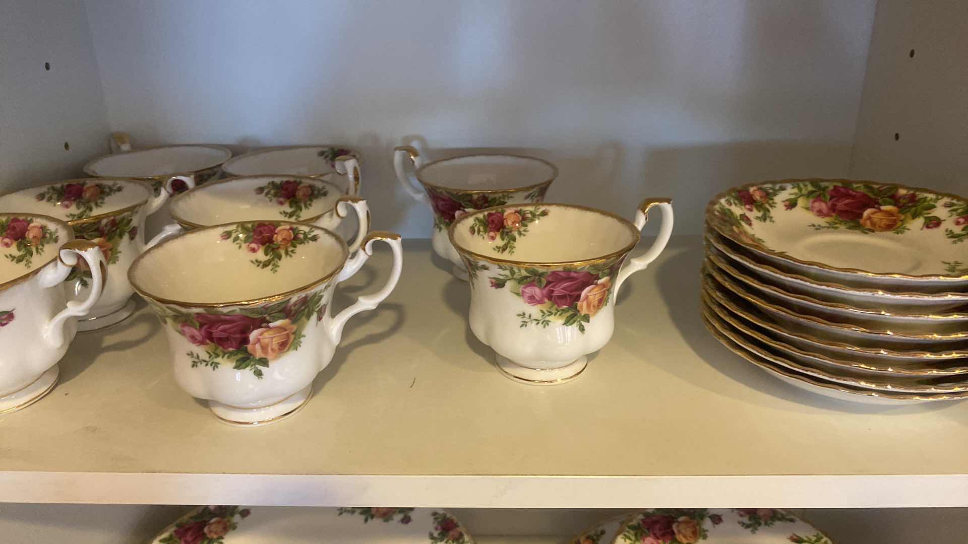 Photo 1 of  41 PIECES ROYAL DOULTON “ROYAL ALBERT BONE CHINA (8 - 5 PIECE PLACE SETTINGS & TWO TIER DESERT SERVER