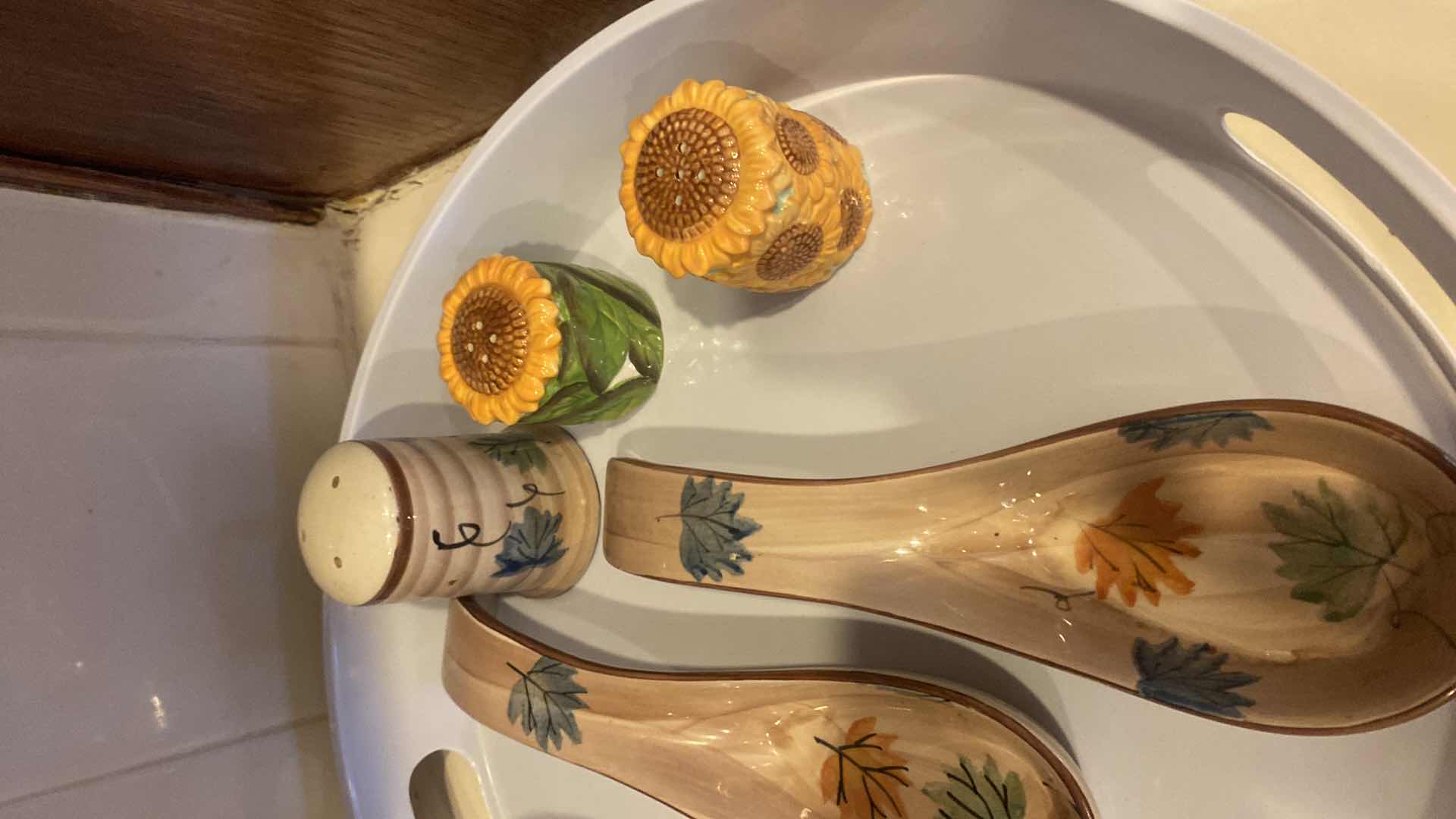 Photo 1 of PLASTIC TRAY WITH CERAMIC SPOON RESTS SEASONING SHAKERS CREAM & SUGAR
