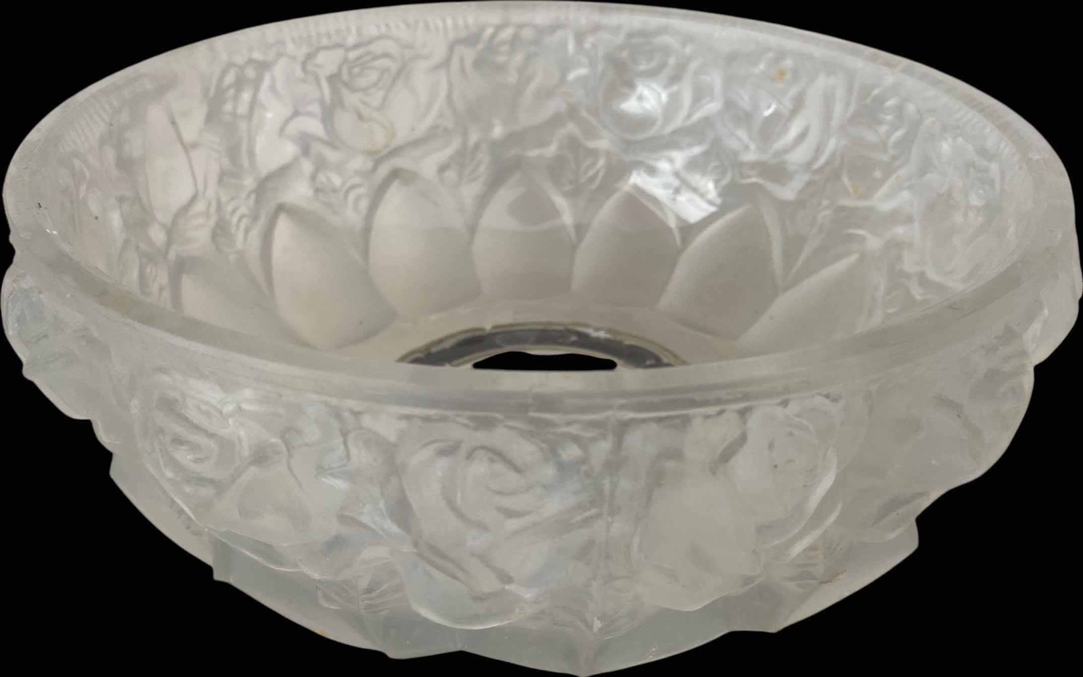 Photo 1 of FROSTED LALIQUE STYLE CARVED GLASS BIWL WITH SILVER BOTTOM 9” x 5”