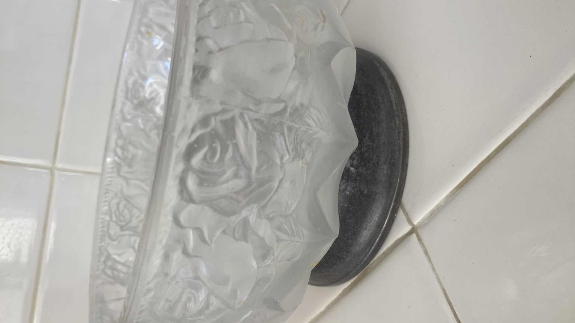 Photo 1 of FROSTED LALIQUE STYLE CARVED GLASS BIWL WITH SILVER BOTTOM 9” x 5”