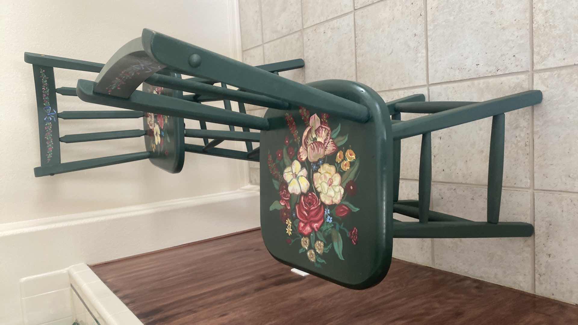 Photo 4 of PAIR OF HAND PAINTED GREEN WOOD BAR STOOLS SEIGHT HEIGHT H24”