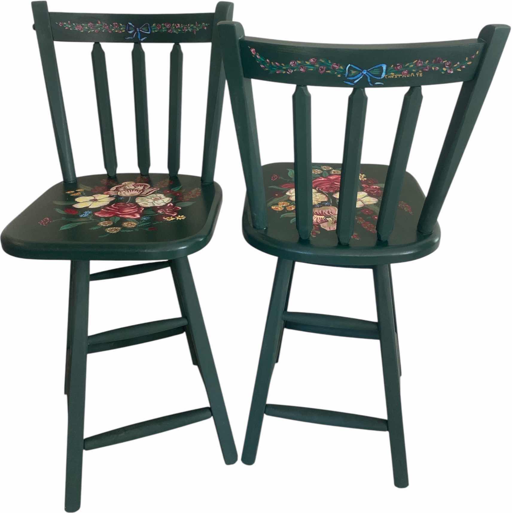 Photo 1 of PAIR OF HAND PAINTED GREEN WOOD BAR STOOLS SEIGHT HEIGHT H24”