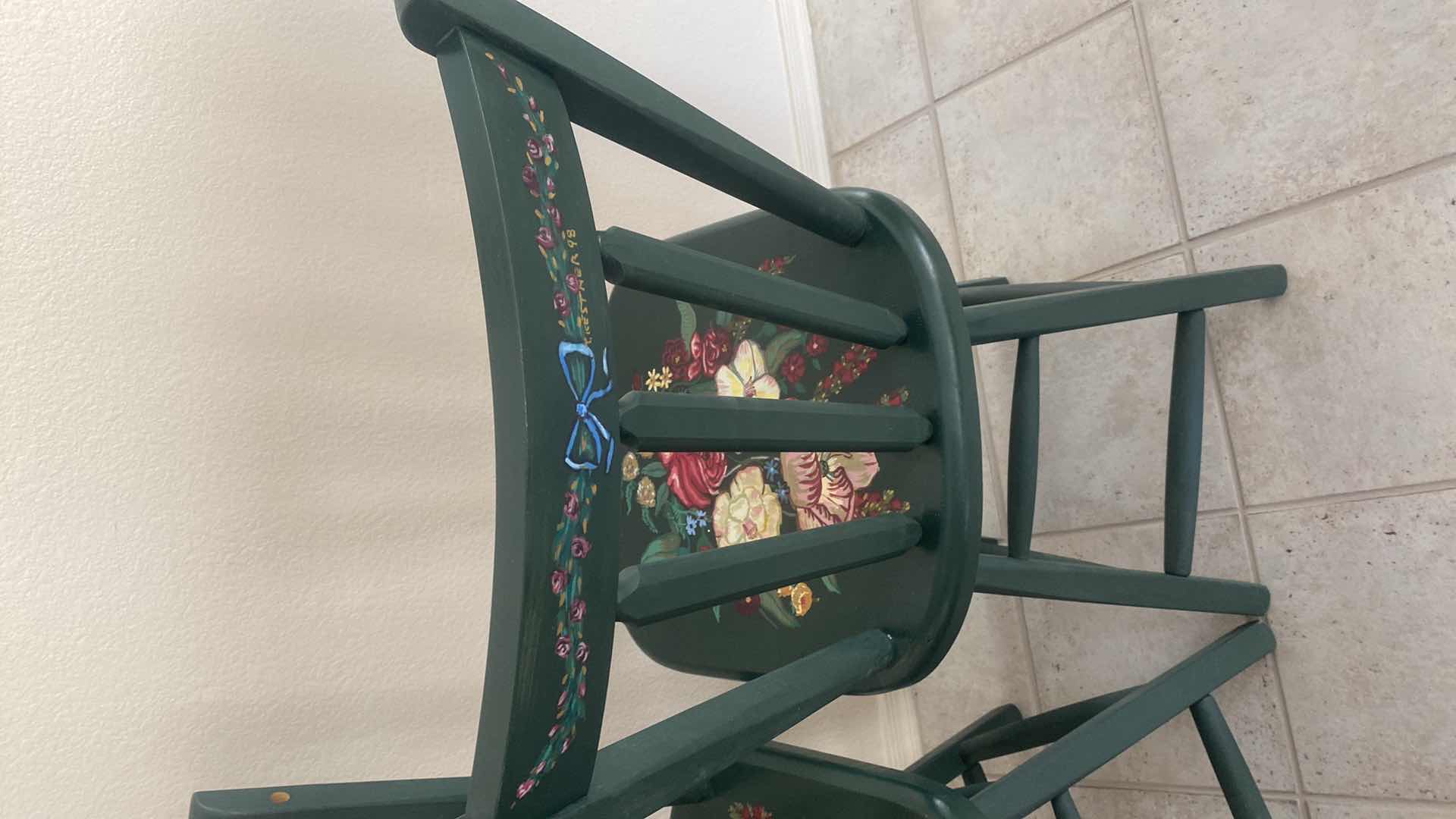 Photo 3 of PAIR OF HAND PAINTED GREEN WOOD BAR STOOLS SEIGHT HEIGHT H24”