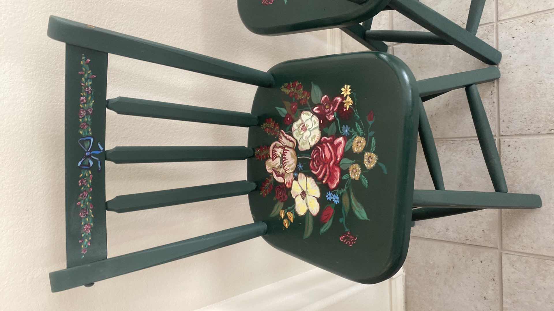 Photo 1 of PAIR OF HAND PAINTED GREEN WOOD BAR STOOLS SEIGHT HEIGHT H24”