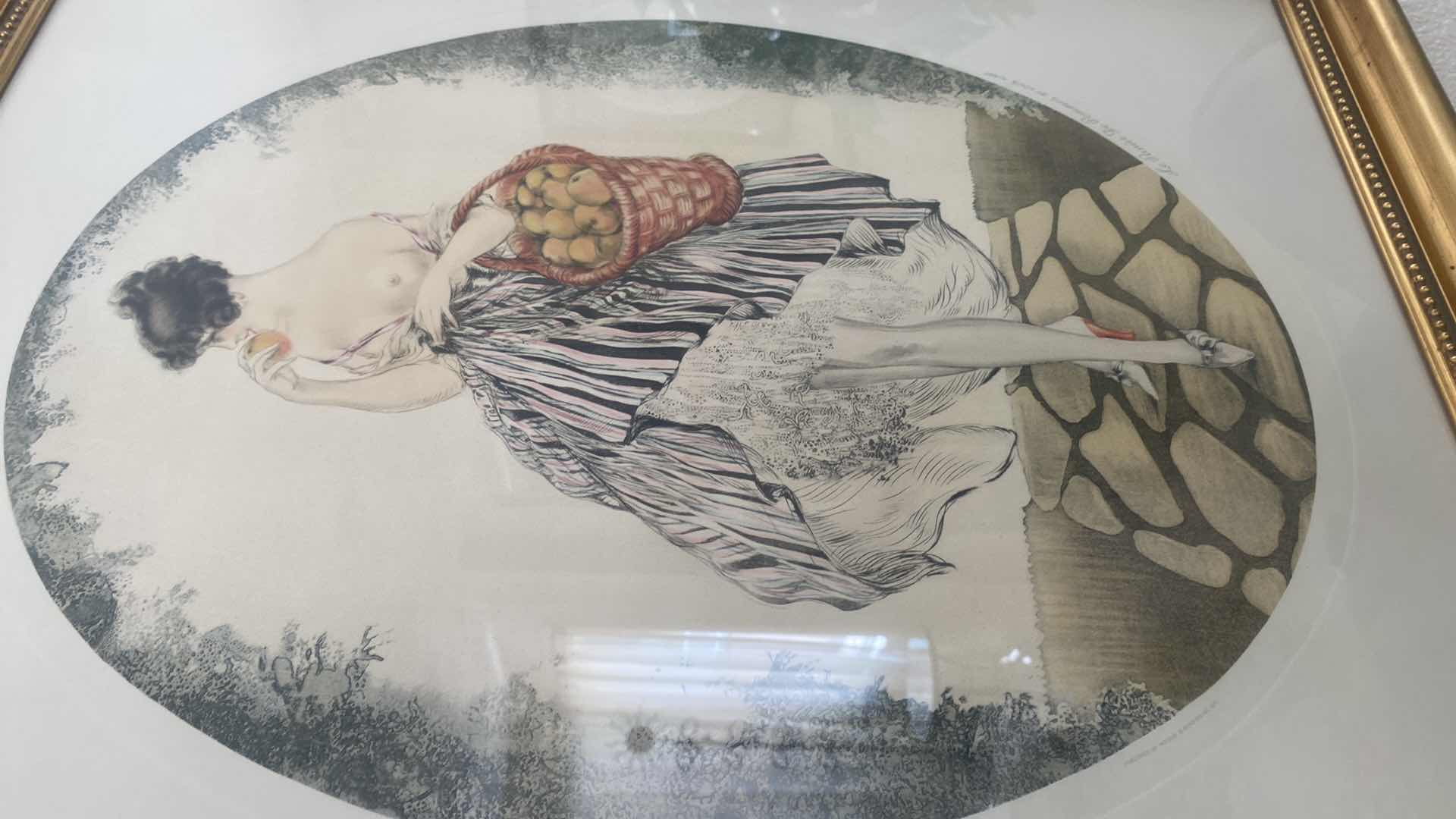 Photo 1 of GOLD RESIN FRAMED PRINT BY LOUIS ICART WOMAN WITH FRUIT BASKET ARTWORK 21” x 25”