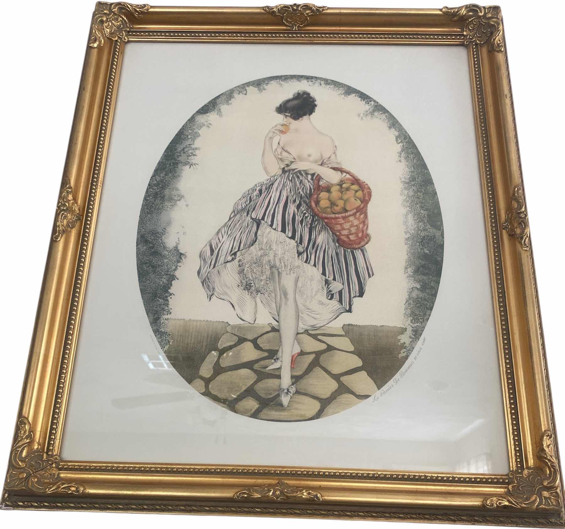 Photo 1 of GOLD RESIN FRAMED PRINT BY LOUIS ICART WOMAN WITH FRUIT BASKET ARTWORK 21” x 25”