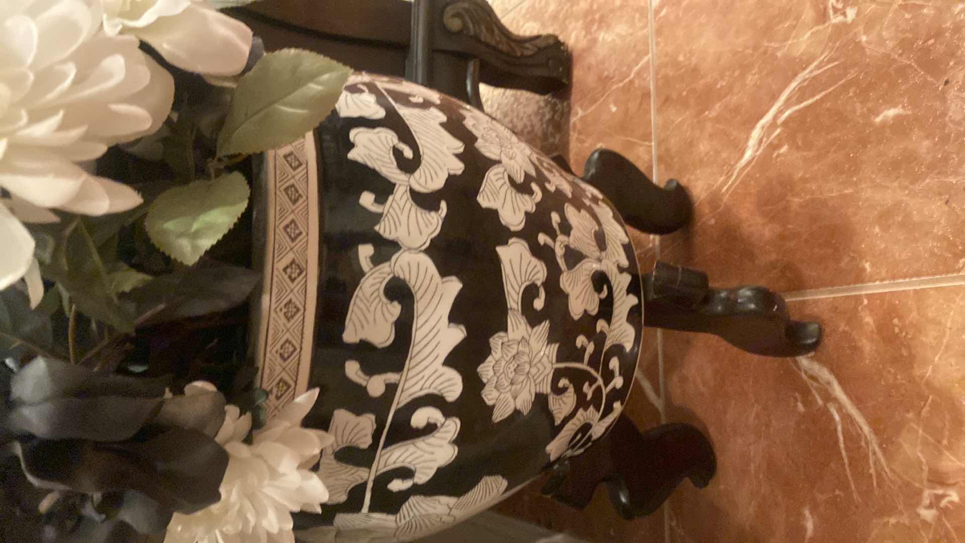 Photo 1 of CERAMIC FISH BOWL ON STAND W/FAUX FLOWERS BOWL MEASURES 14” x 12”