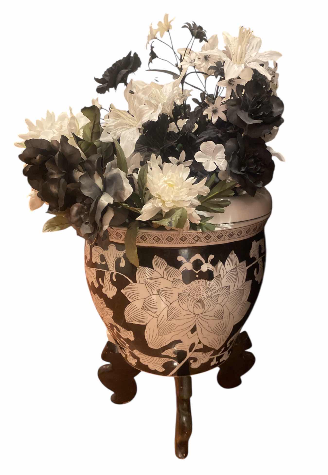 Photo 1 of CERAMIC FISH BOWL ON STAND W/FAUX FLOWERS BOWL MEASURES 14” x 12”