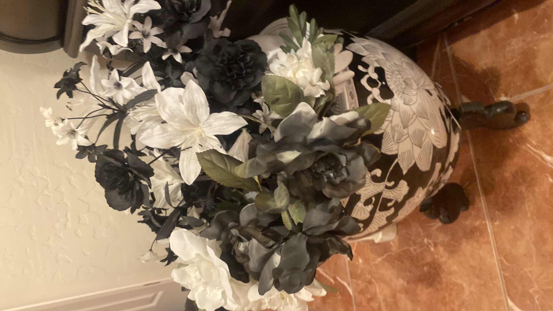 Photo 1 of CERAMIC FISH BOWL ON STAND W/FAUX FLOWERS BOWL MEASURES 14” x 12”