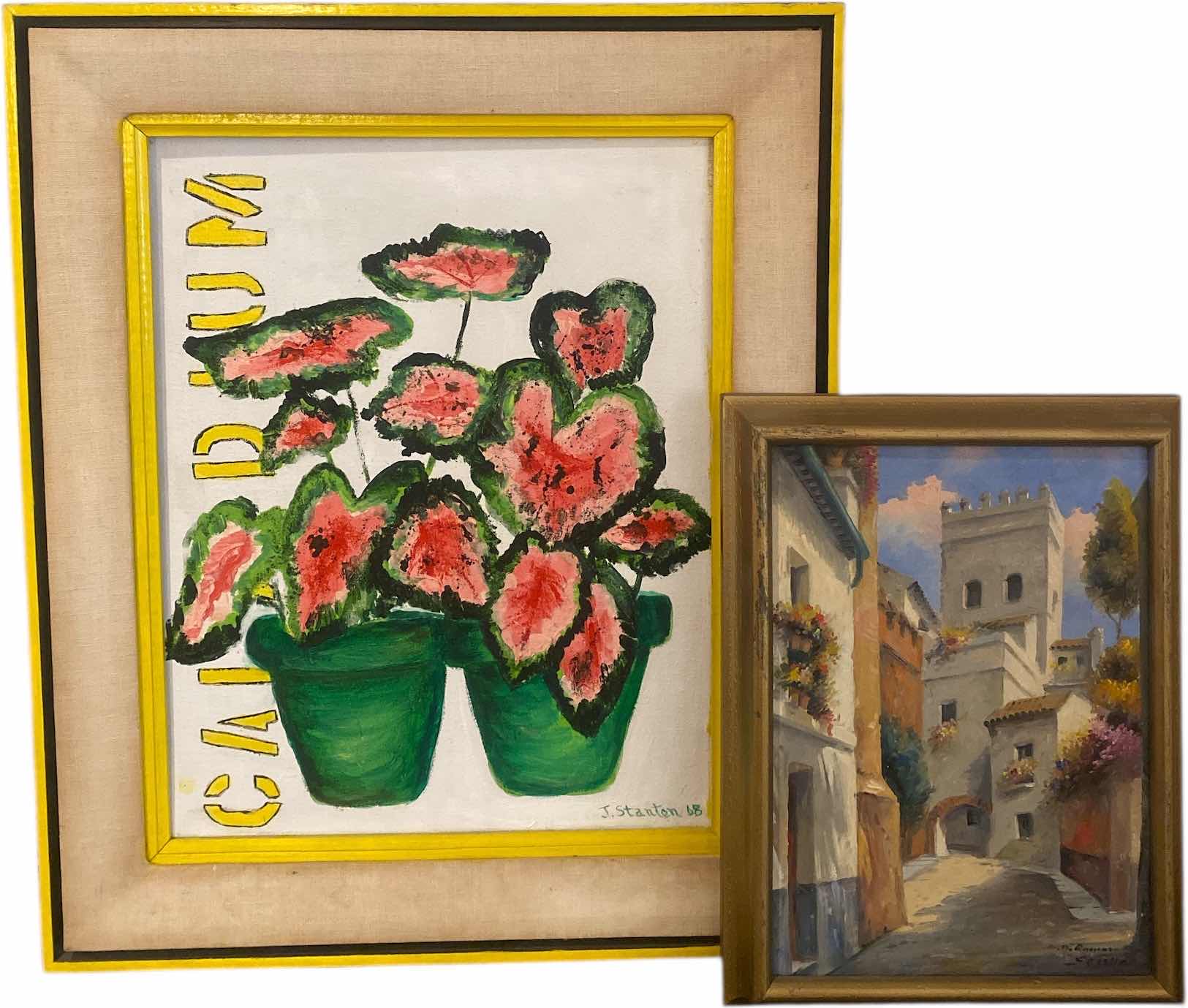 Photo 1 of 2 - WOOD FRAMED FLORAL & ARCHITECTURE SIGNED PAINTINGS ARTWORK LARGEST 20” x 24”