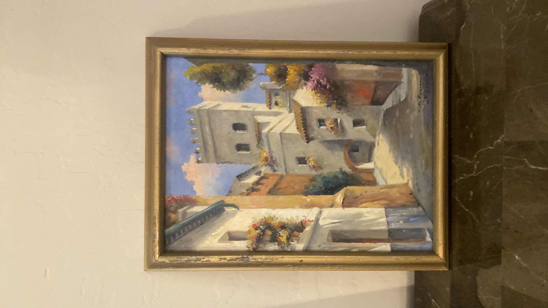 Photo 1 of 2 - WOOD FRAMED FLORAL & ARCHITECTURE SIGNED PAINTINGS ARTWORK LARGEST 20” x 24”