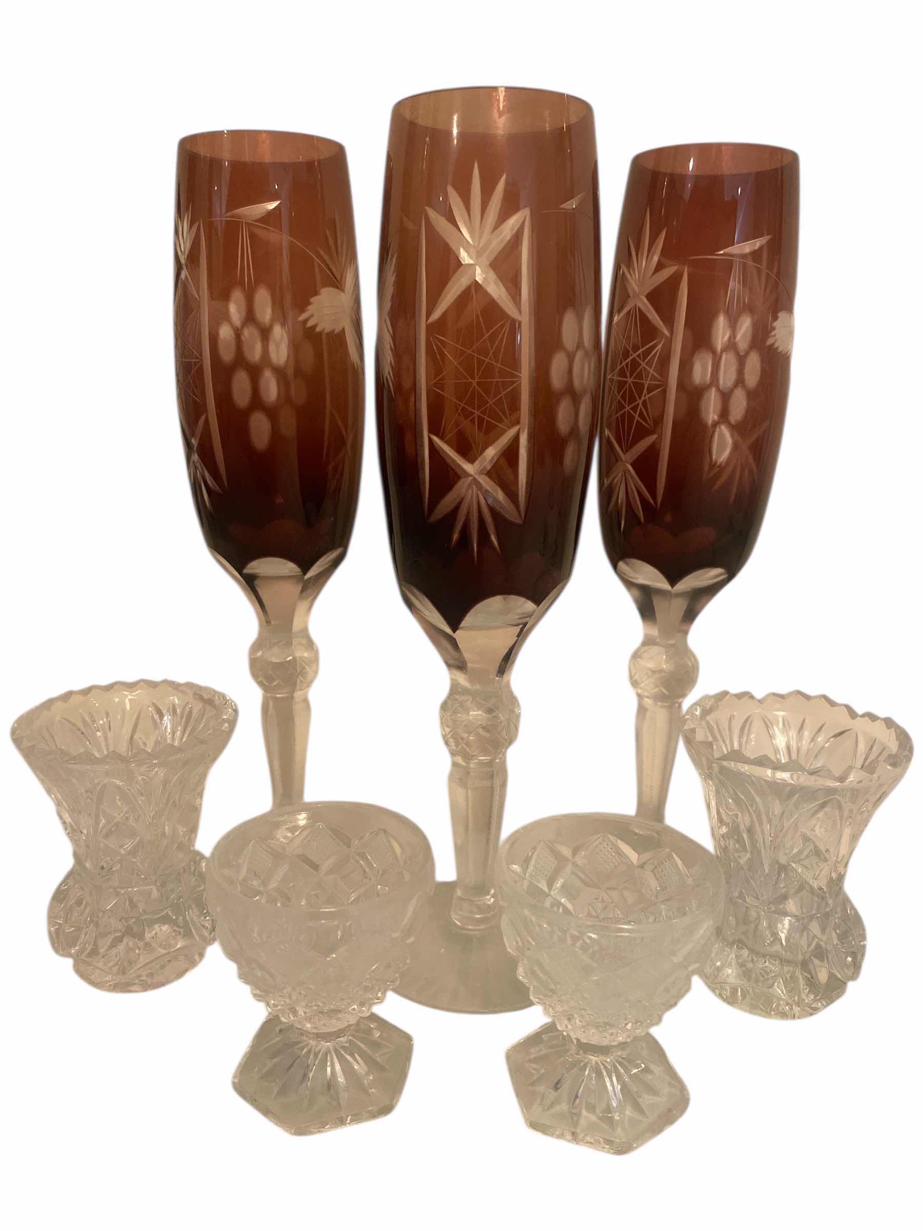 Photo 1 of 3 - CRANBERRY UNMARKED STEMWARE W/4 SMALL CRYSTAL PIECES