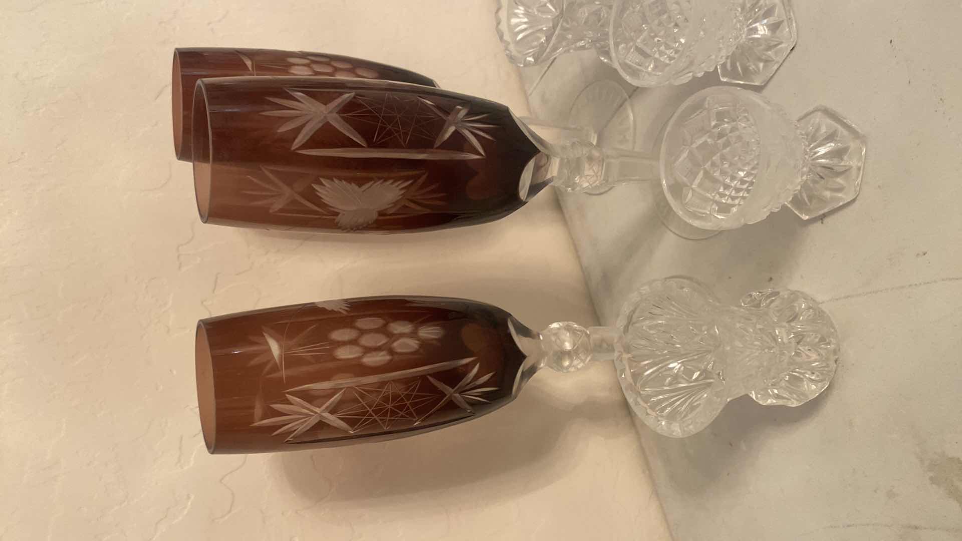 Photo 1 of 3 - CRANBERRY UNMARKED STEMWARE W/4 SMALL CRYSTAL PIECES