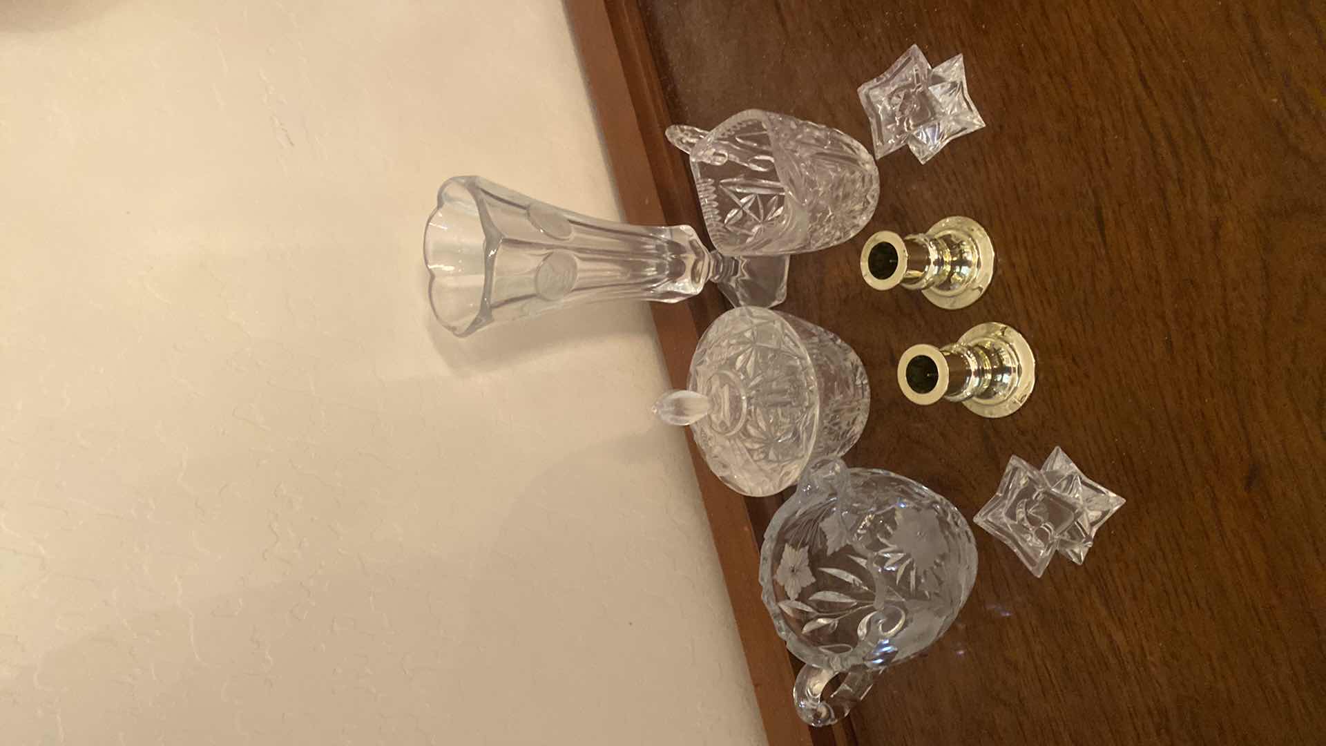 Photo 1 of 6 - CRYSTAL SERVE WARE & 2 SILVER PLASTIC CANDLE  HOLDERS