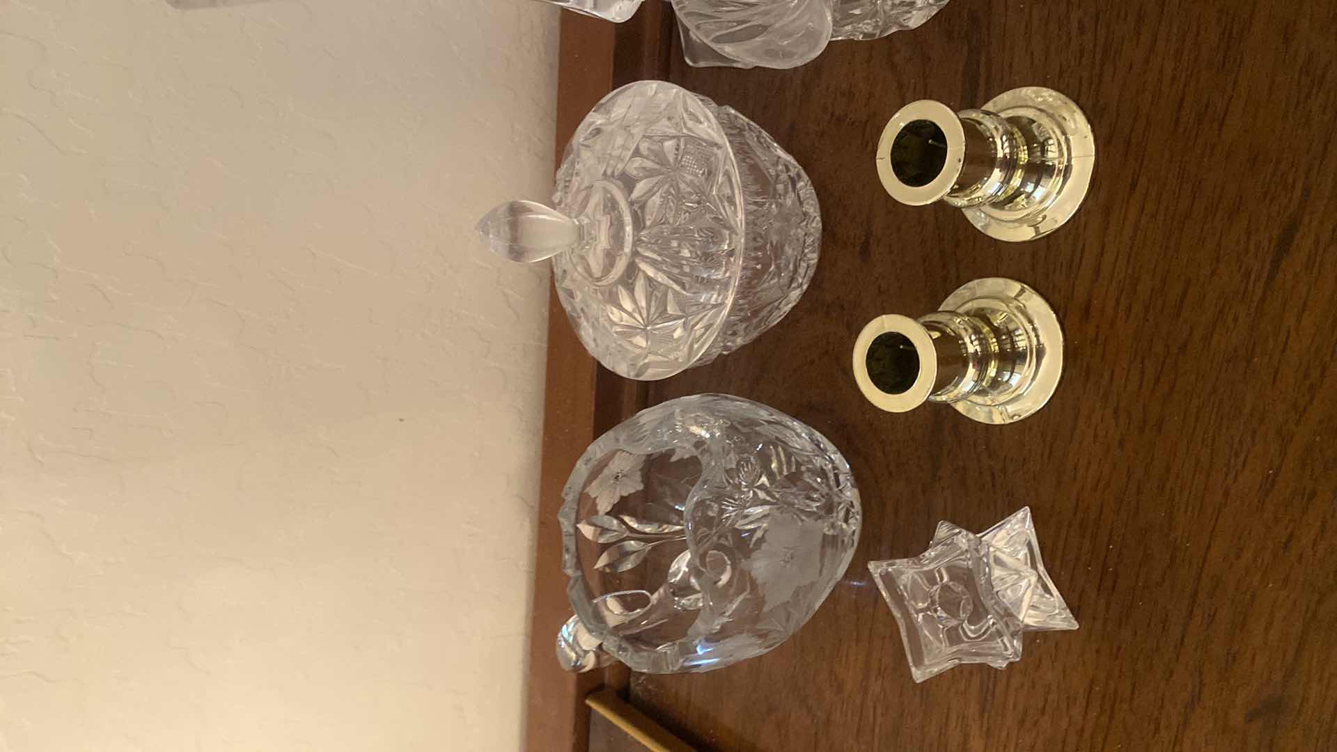 Photo 1 of 6 - CRYSTAL SERVE WARE & 2 SILVER PLASTIC CANDLE  HOLDERS