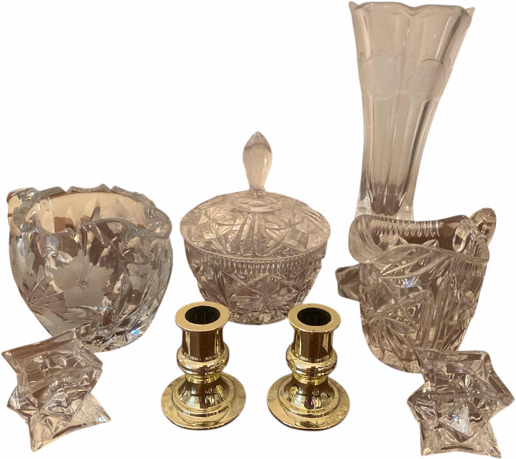 Photo 1 of 6 - CRYSTAL SERVE WARE & 2 SILVER PLASTIC CANDLE  HOLDERS