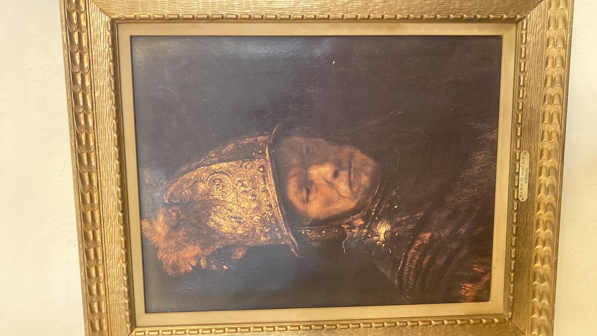 Photo 3 of FRAME IS NOT DAMAGED HOWEVER THE PICTURE HAS MINOR DAMAGE------------------------------------------------WOOD FRAMED OIL ON CANVAS “MAN WITH THE GOLDEN HELMET” by REMBRANDT ARTWORK 22 1/4” x 27 1/4”