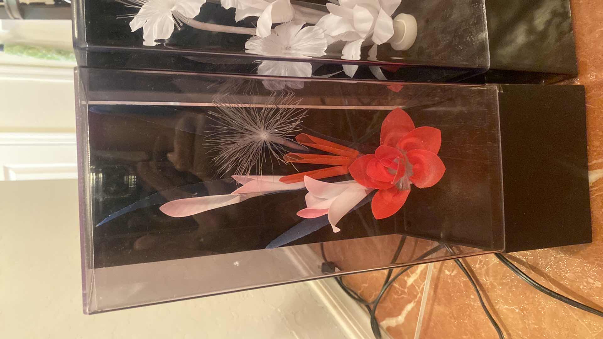 Photo 1 of 4 - VINTAGE FIBER OPTIC LAMPS W/ MUSIC - 2 FLORAL 1 PEACOCK H14” (both florals need bulbs, top of peacock has cracks)