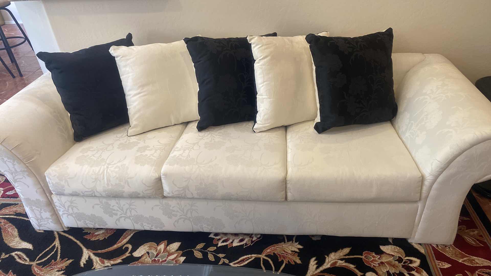 Photo 1 of 100” ROLLED ARM IVORY FABRIC SOFA WITH 5 REVERSIBLE TOSS PILLOWS (love seat available items sold separately)