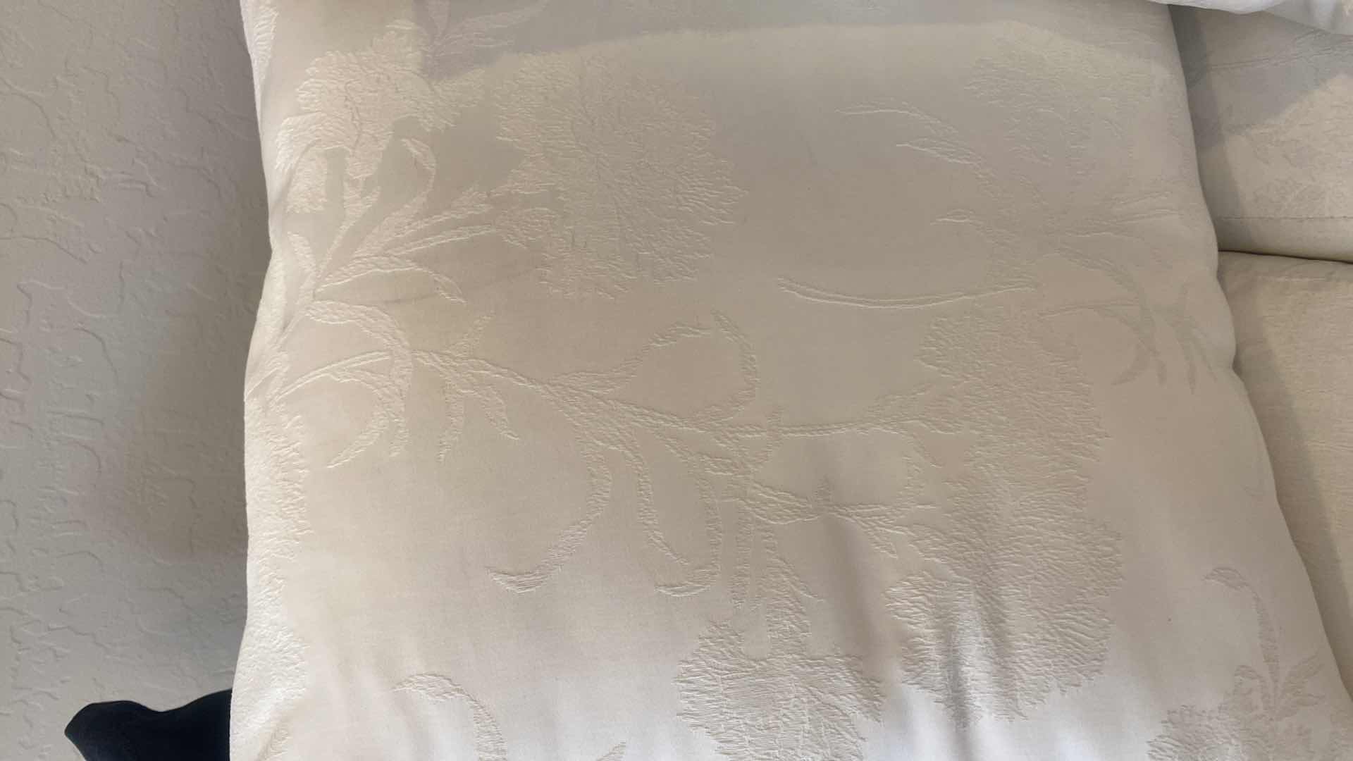 Photo 1 of 100” ROLLED ARM IVORY FABRIC SOFA WITH 5 REVERSIBLE TOSS PILLOWS (love seat available items sold separately)