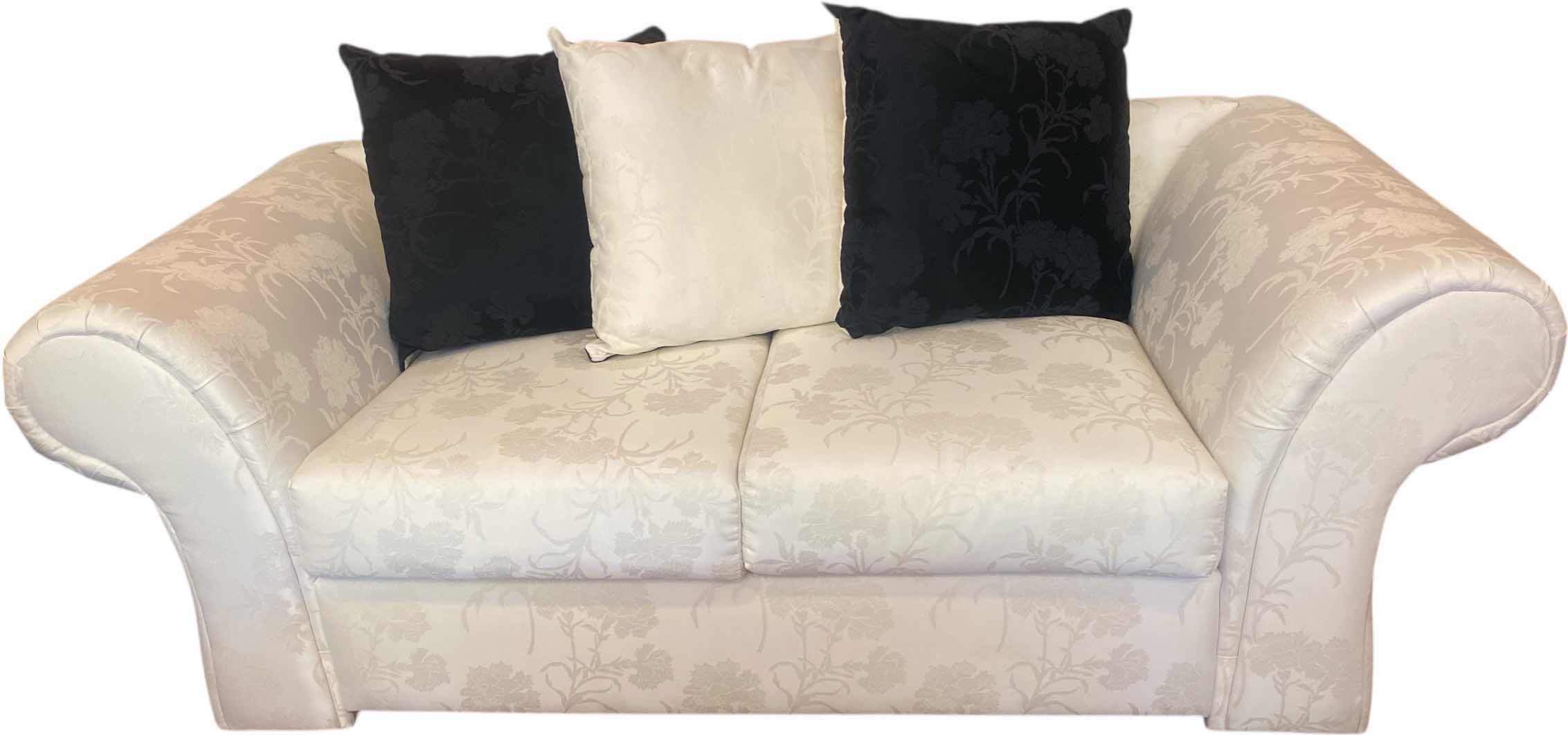 Photo 1 of 74” ROLLED ARM IVORY FABRIC LOVE SEAT WITH 3 REVERSIBLE TOSS PILLOWS (Sofa available items sold separately)