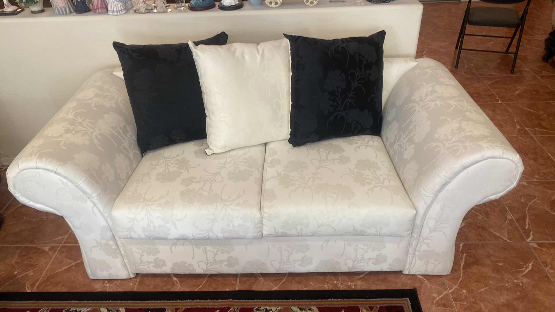 Photo 1 of 74” ROLLED ARM IVORY FABRIC LOVE SEAT WITH 3 REVERSIBLE TOSS PILLOWS (Sofa available items sold separately)
