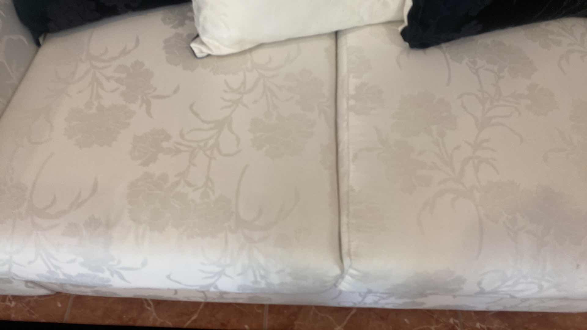 Photo 1 of 74” ROLLED ARM IVORY FABRIC LOVE SEAT WITH 3 REVERSIBLE TOSS PILLOWS (Sofa available items sold separately)