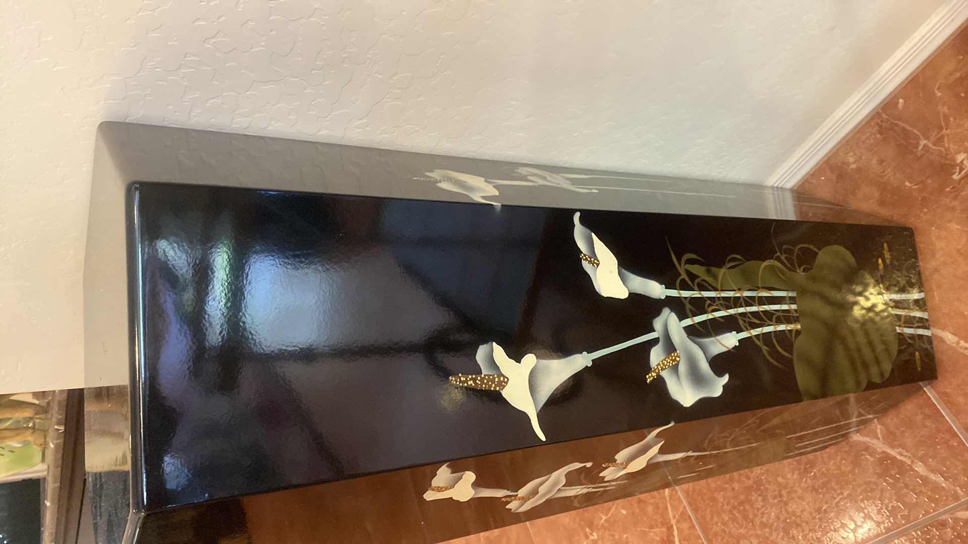 Photo 1 of BLACK LACQUER PEDESTAL WITH CALLA LILLES MOTIF 15” x 36”