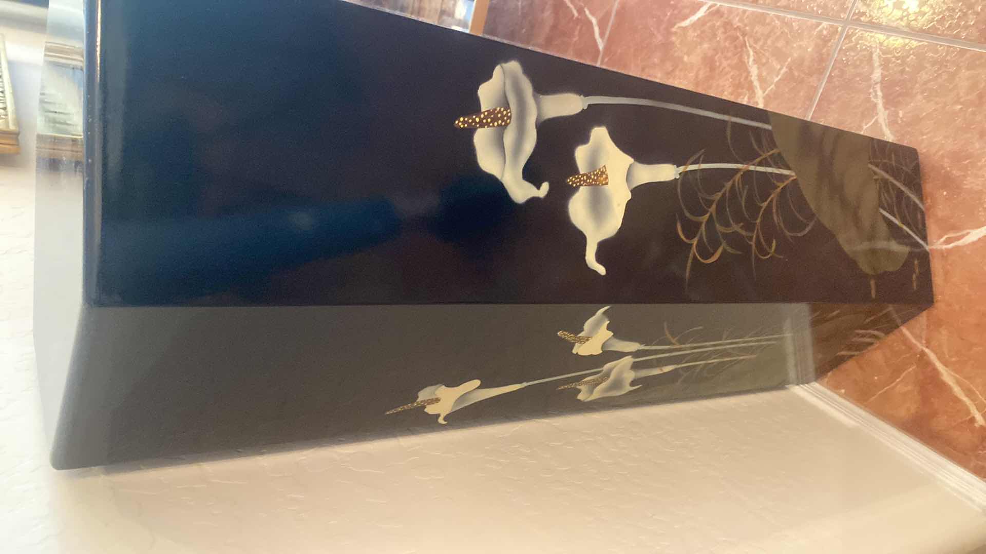 Photo 1 of BLACK LACQUER PEDESTAL WITH CALLA LILLES MOTIF 15” x 36”