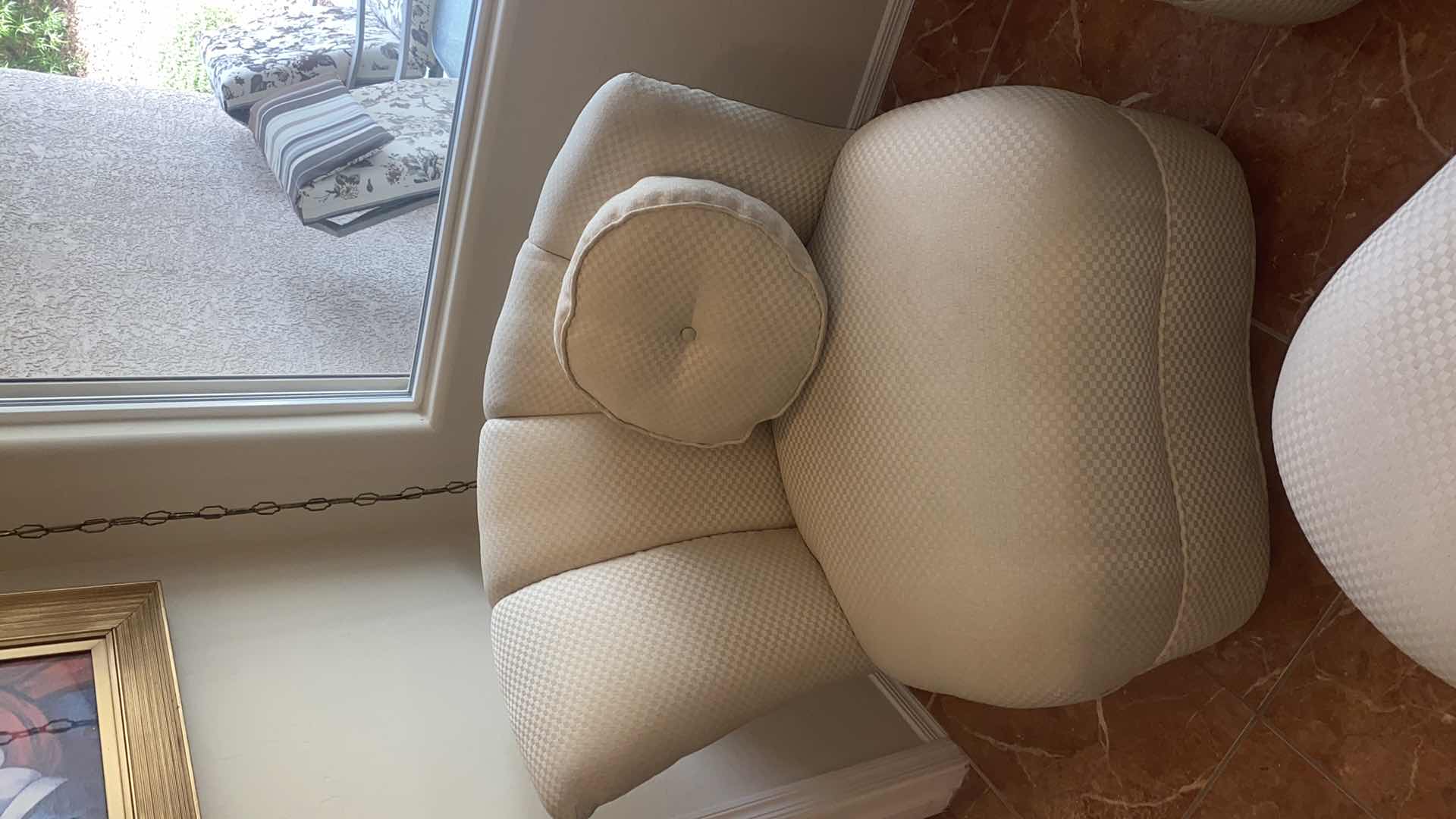 Photo 1 of 2 - MID CENTURY MODERN FAN BACK SWIVEL CREAM FABRIC OCCASIONAL CHAIRS & OTTOMAN INCLUDES 1 TOSS PILLOW