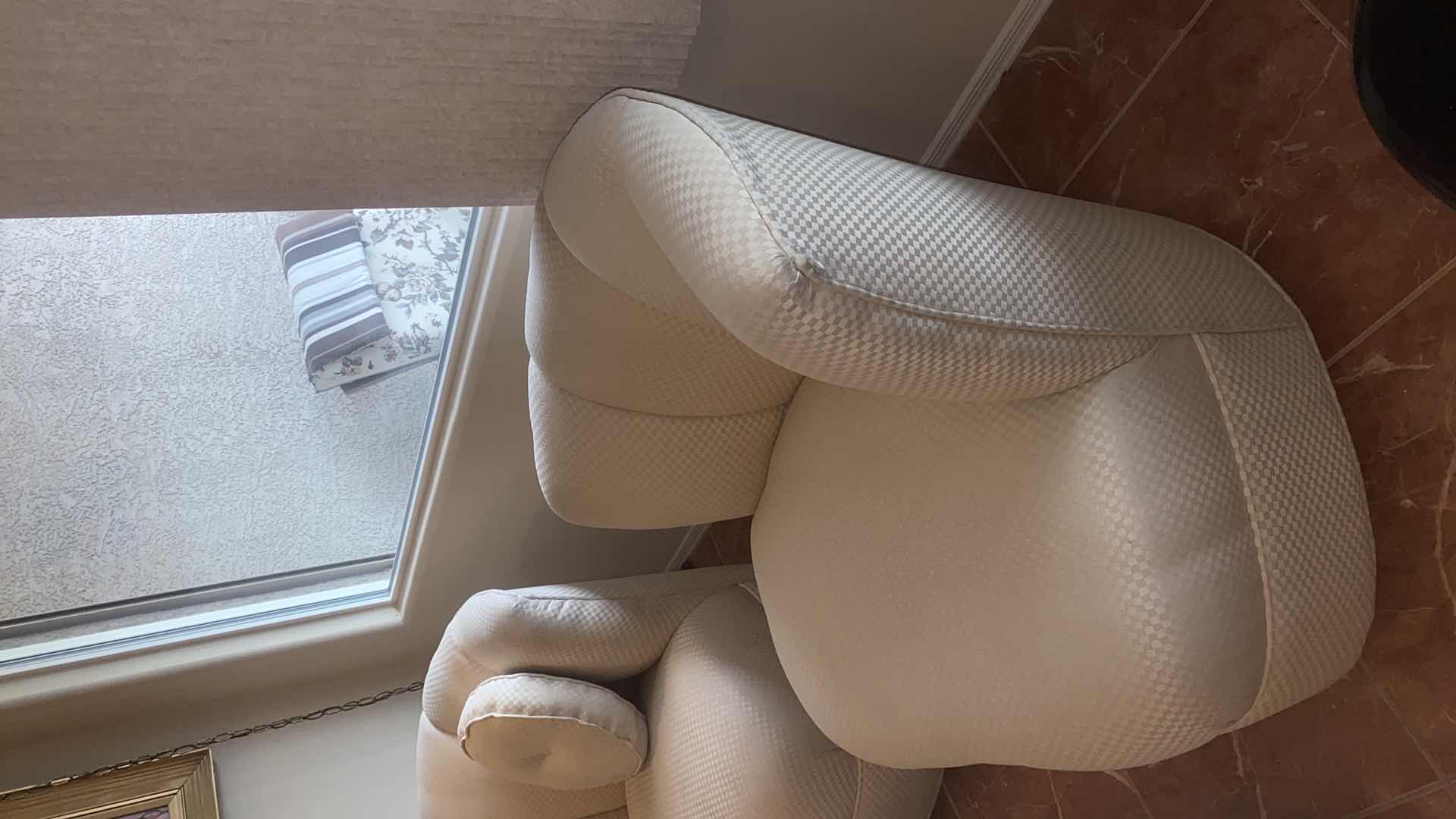 Photo 1 of 2 - MID CENTURY MODERN FAN BACK SWIVEL CREAM FABRIC OCCASIONAL CHAIRS & OTTOMAN INCLUDES 1 TOSS PILLOW