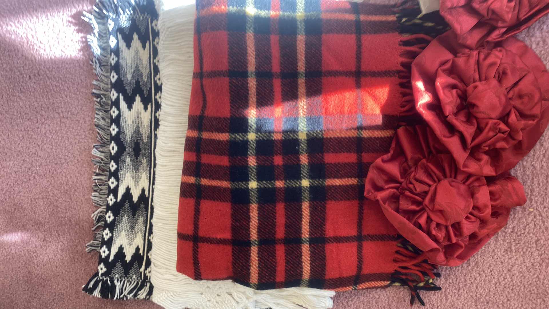 Photo 1 of 2 THROWS, 1 RUG, 4 ROSETTES & 4 DRAPERY PANELS & SWAG