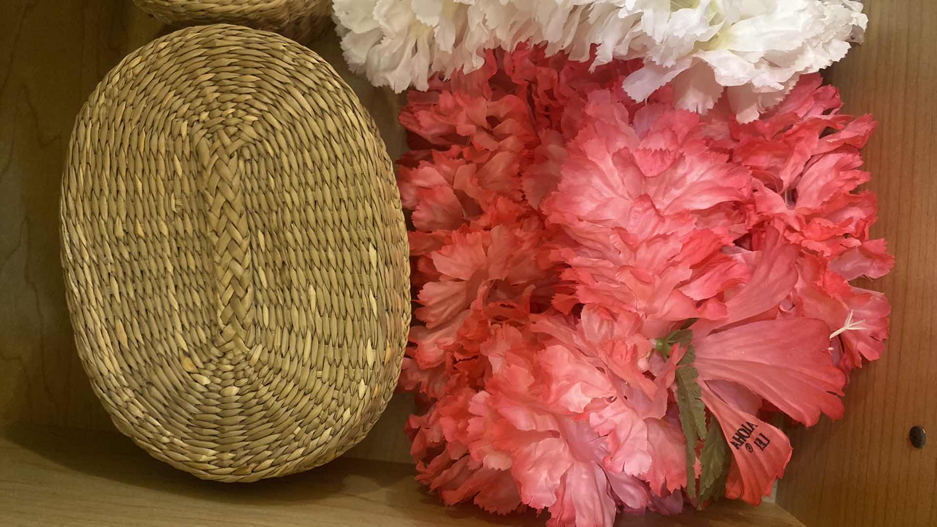 Photo 1 of 2 - FAUX HAWAIIAN LEIS & 2 WOVEN BASKETS