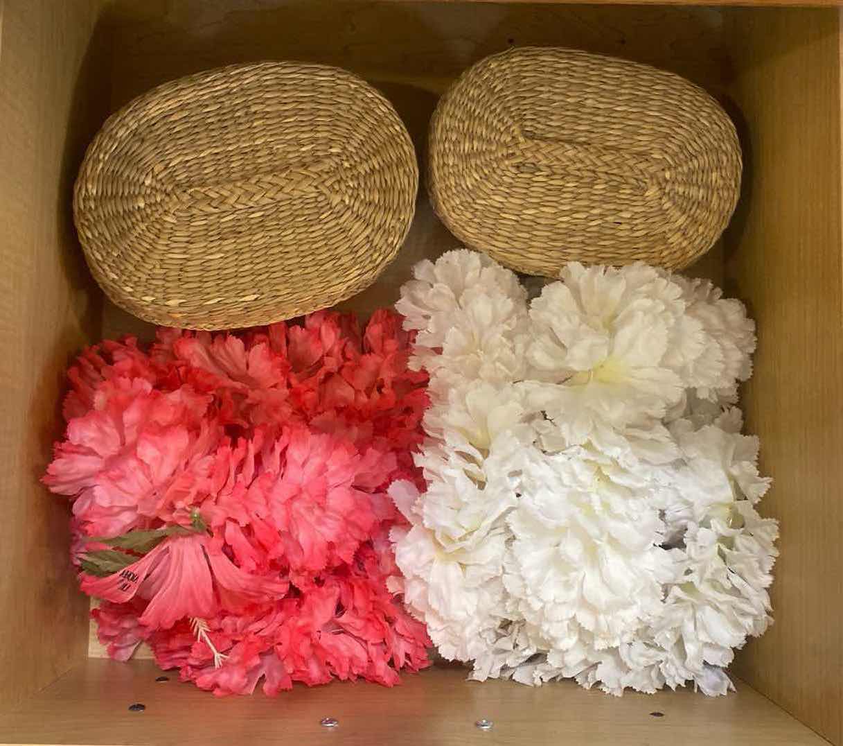 Photo 1 of 2 - FAUX HAWAIIAN LEIS & 2 WOVEN BASKETS