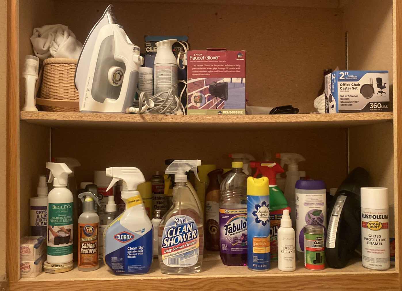 Photo 1 of CONTENTS OF CABINET - CLEANING SUPPLIES IRON & SPRAY PAINT