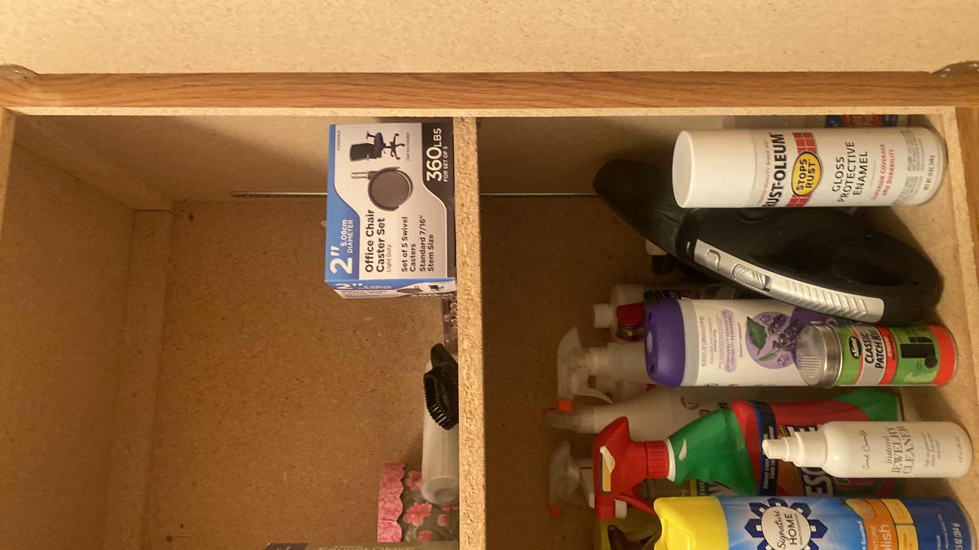 Photo 1 of CONTENTS OF CABINET - CLEANING SUPPLIES IRON & SPRAY PAINT