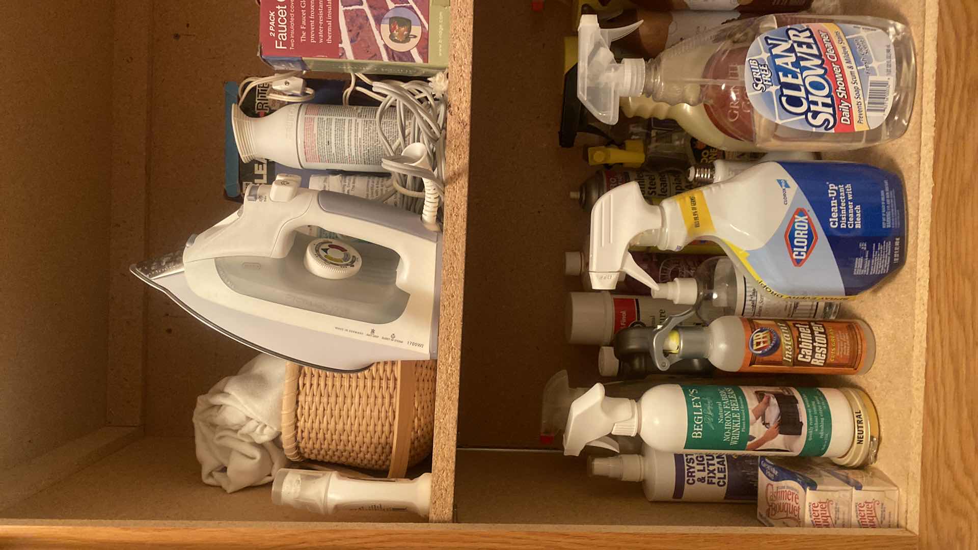 Photo 1 of CONTENTS OF CABINET - CLEANING SUPPLIES IRON & SPRAY PAINT