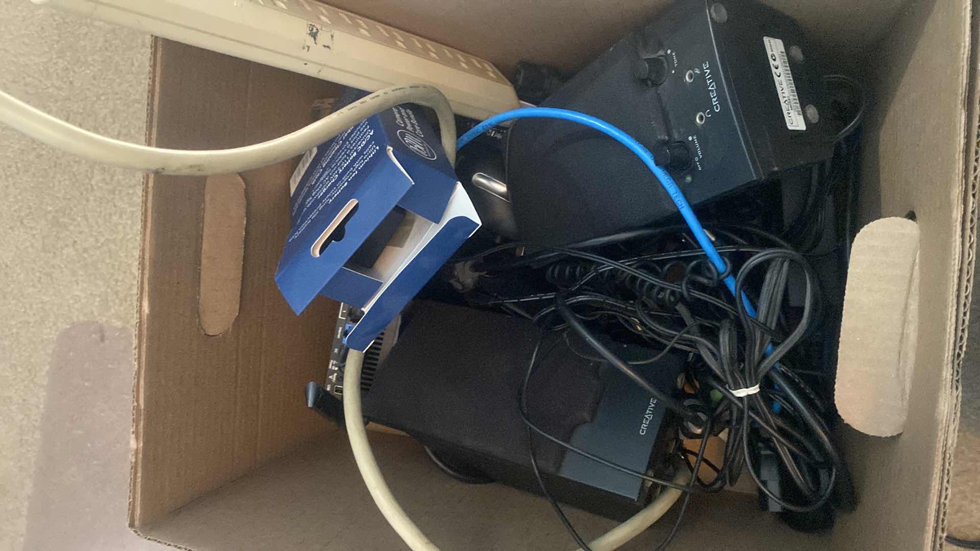 Photo 1 of BOX OF ELECTRONICS - SPEAKERS, ROUTER & MORE