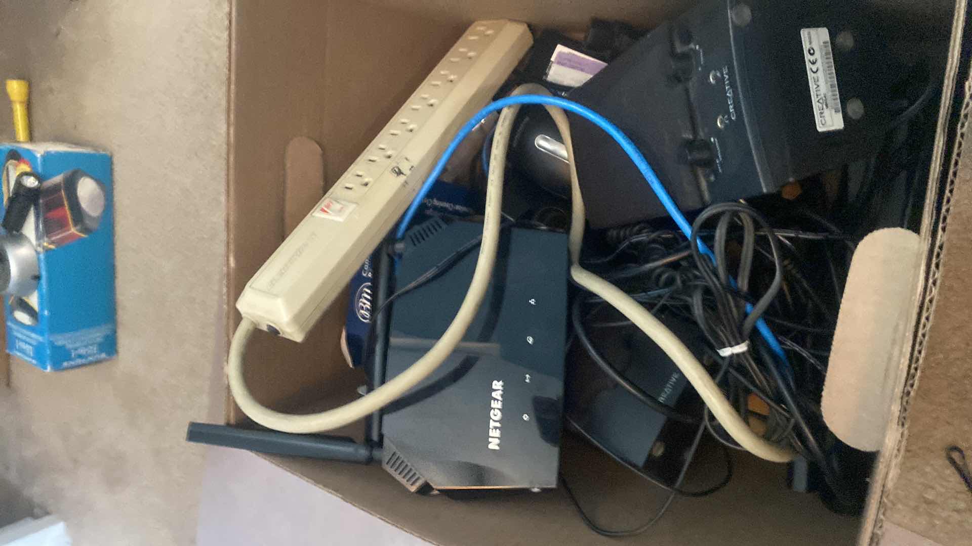 Photo 1 of BOX OF ELECTRONICS - SPEAKERS, ROUTER & MORE