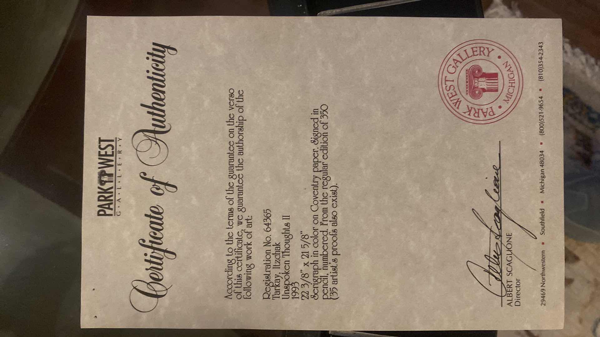 Photo 1 of VINTAGE 1993 GOLD FRAMED ITZCHAK TARKAY “UNSPOKEN THOUGHTS II” SERIGRAPH SIGNED & NUMBERED ARTWORK UNFRAMED MEASURES 22 3/8“ x 21 5/8“ FRAMED 33“ x 34 1/2“ WITH COA