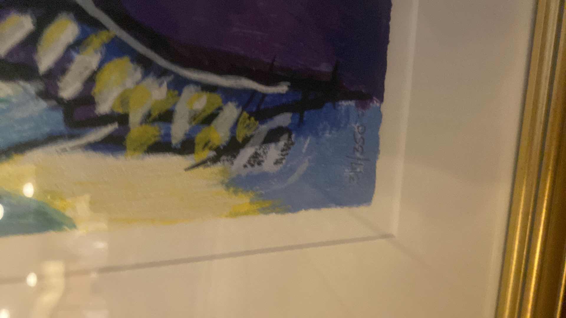 Photo 1 of VINTAGE 1996 GOLD FRAMED “WOMAN WITH RED BOUQUET AND SUN” by ZAMY STEYNOVITZ SIGNED & NUMBERED SERIGRAPH ARTWORK UNFRAMED MEASURES 12” X 14 1/2” FRAMED 25 1/2“ X 23“ WITH COA